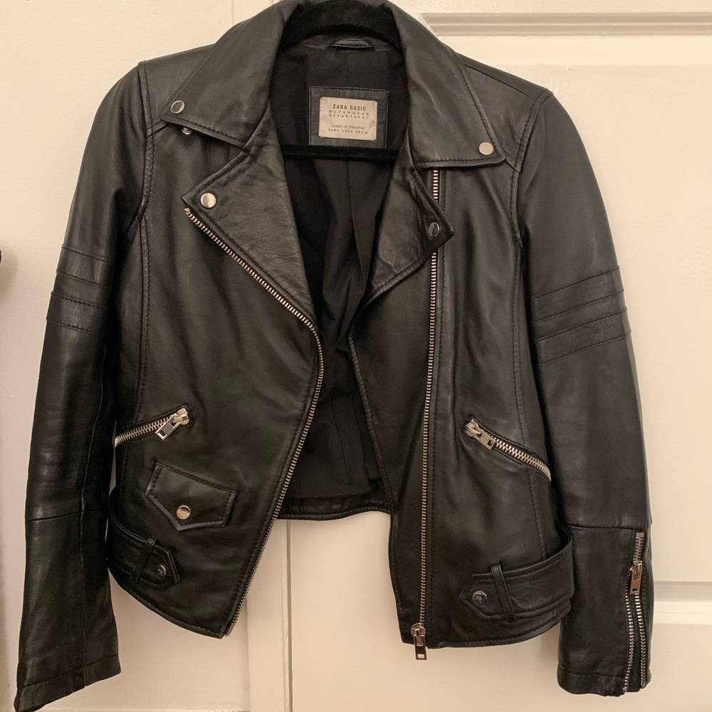 Zara Genuine Leather Moto Jacket, Size Small